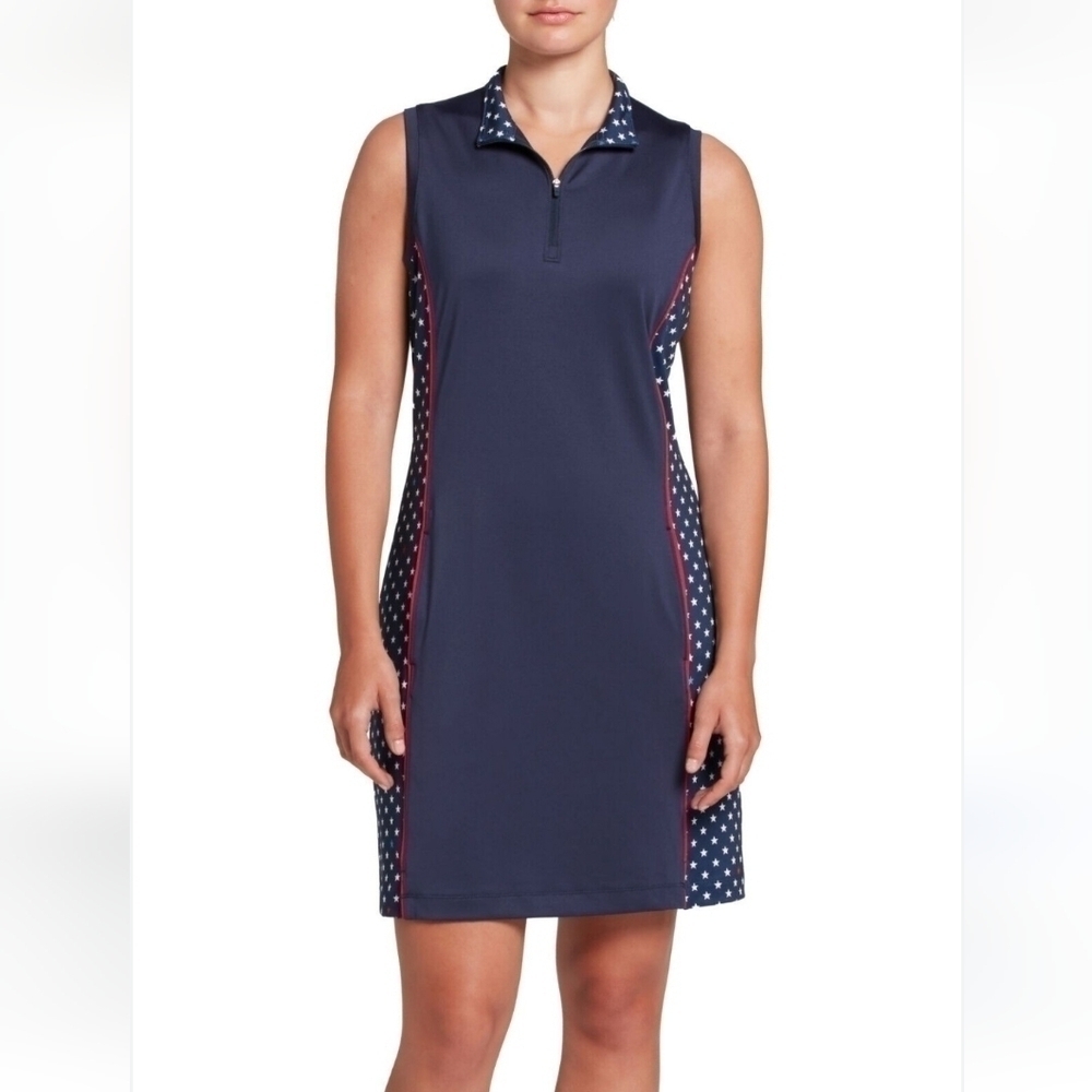Lady Hagen Activewear Dress in Navy with White Star and Red Piping, Size XXL